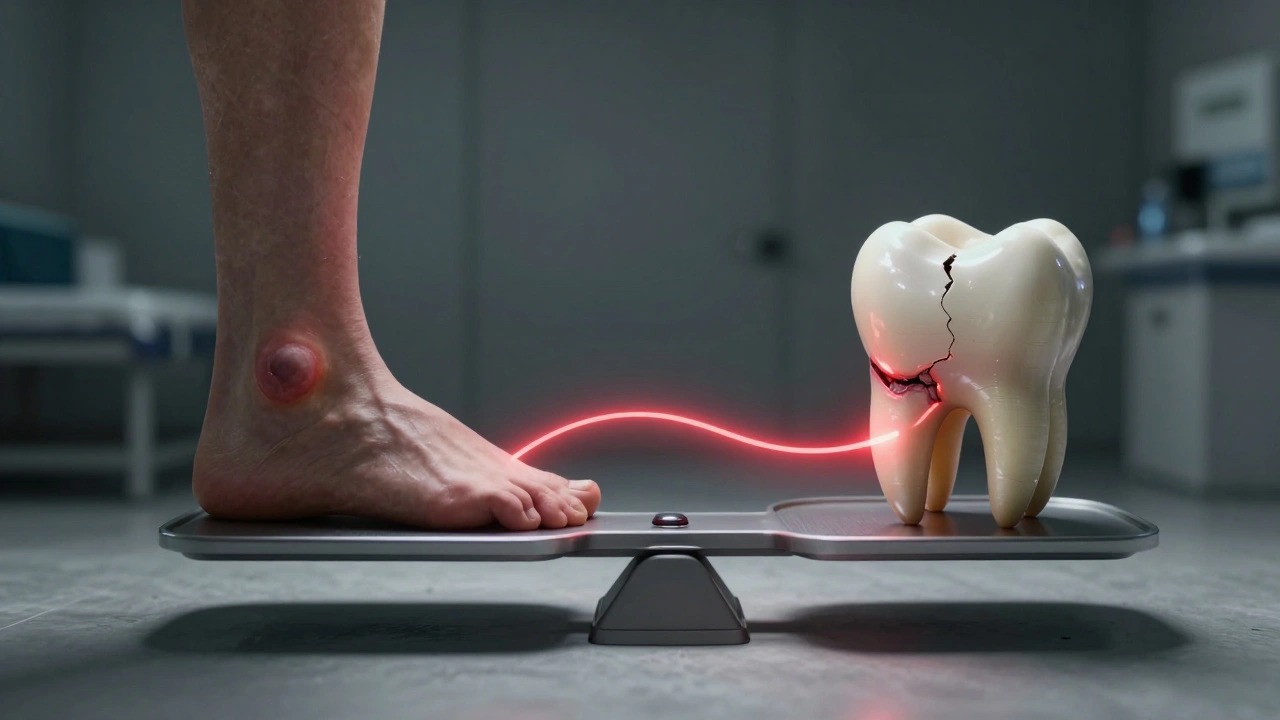 Váha s komplikací nohy a zubním poškozením spojená červenou cestou zánětu