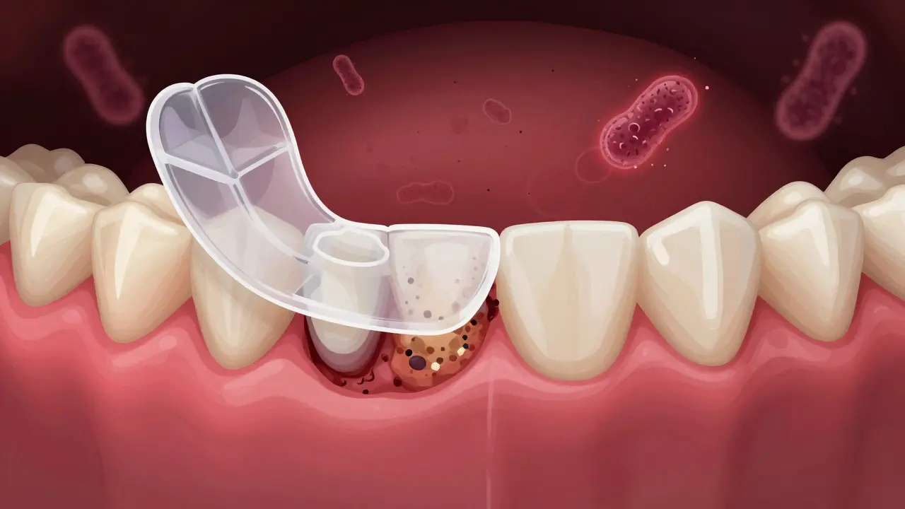 Zánětlivé dásně s plastovou protézou a hromaděním bakterií pod ní.