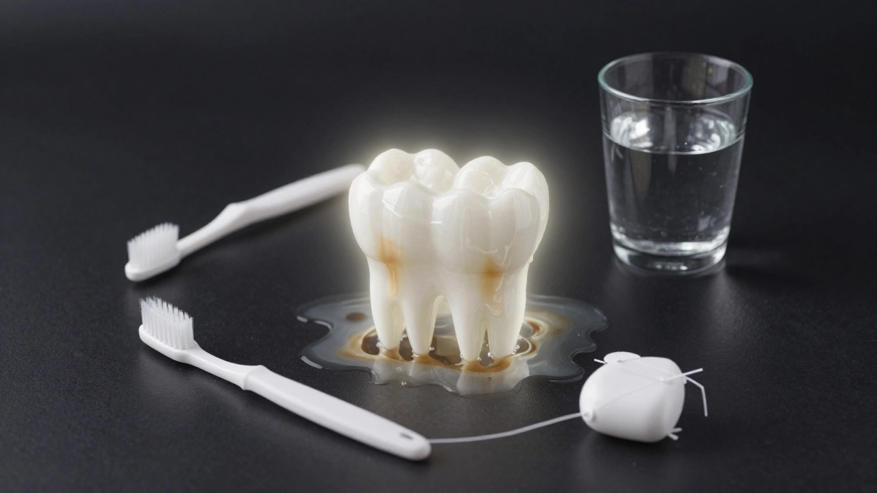 Zdravé bílé zuby jsou obklopeny odstraňujícími se hnědými skvrnami a ústní hygienou.