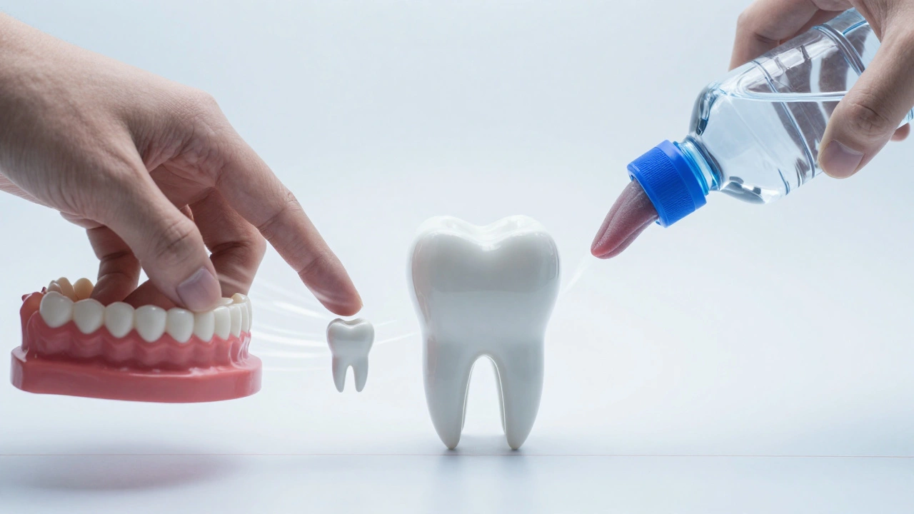 Zub s retentivním držákem je obklopen neviditelnými silami, které ho tlačí z pozice.