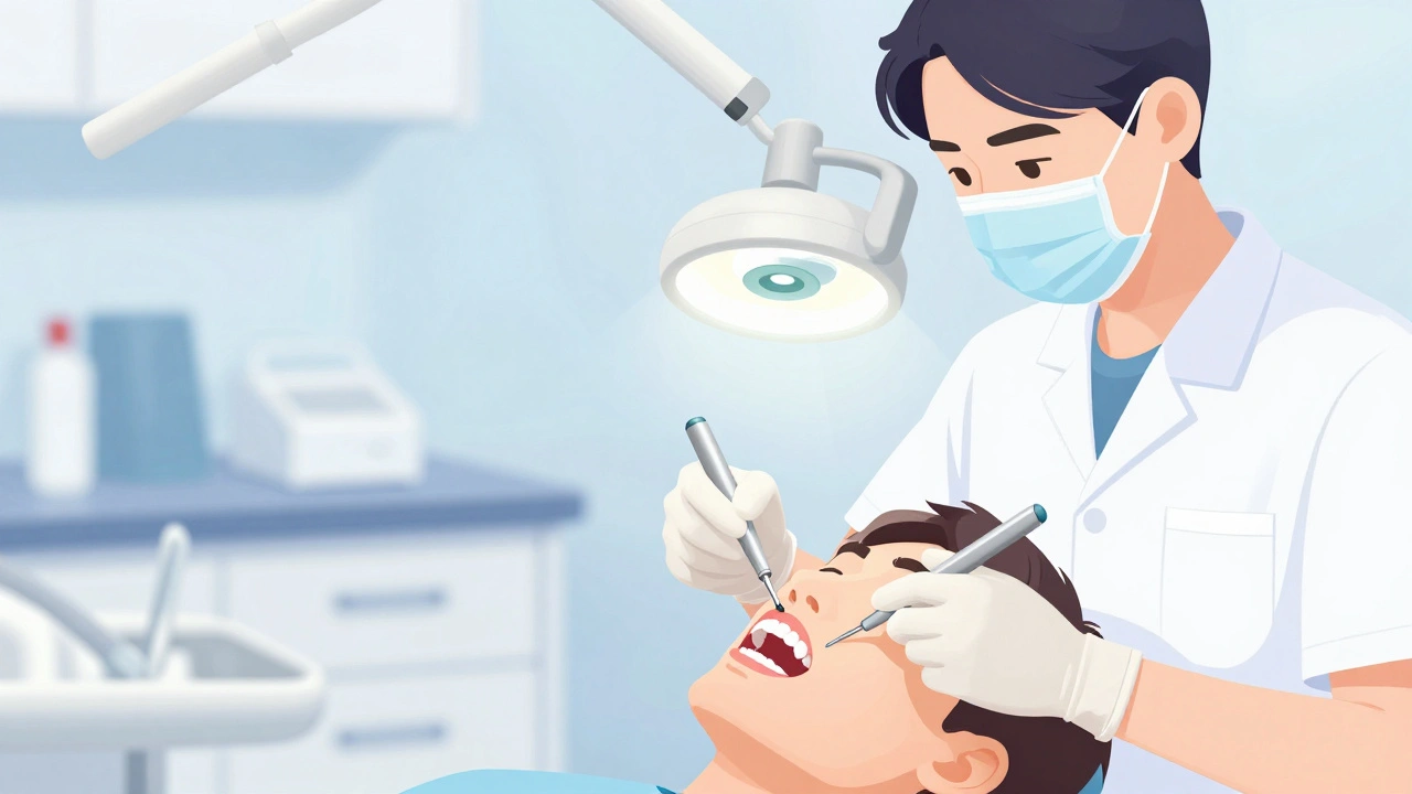 Zubní hygienistka odstraňuje zubní kámen z pacientových zubů v klinice.