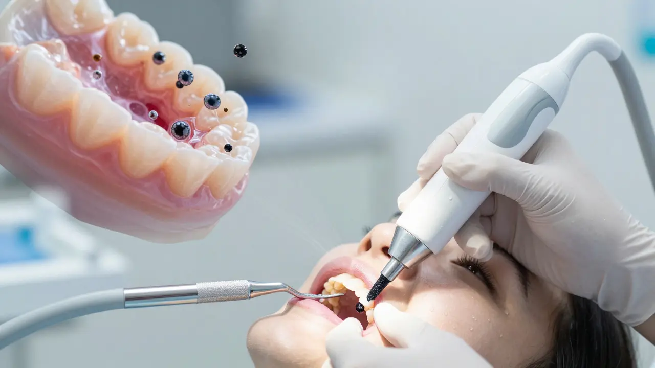 Zubní lékař odstraňuje černý zubní kámen ultrazvukovým čištěním