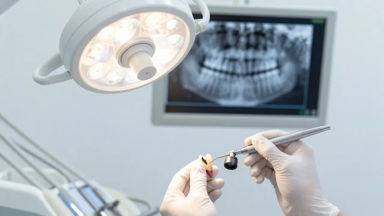Zubní lékař prohlíží zlomený zub s rentgenovým snímkem na pozadí.