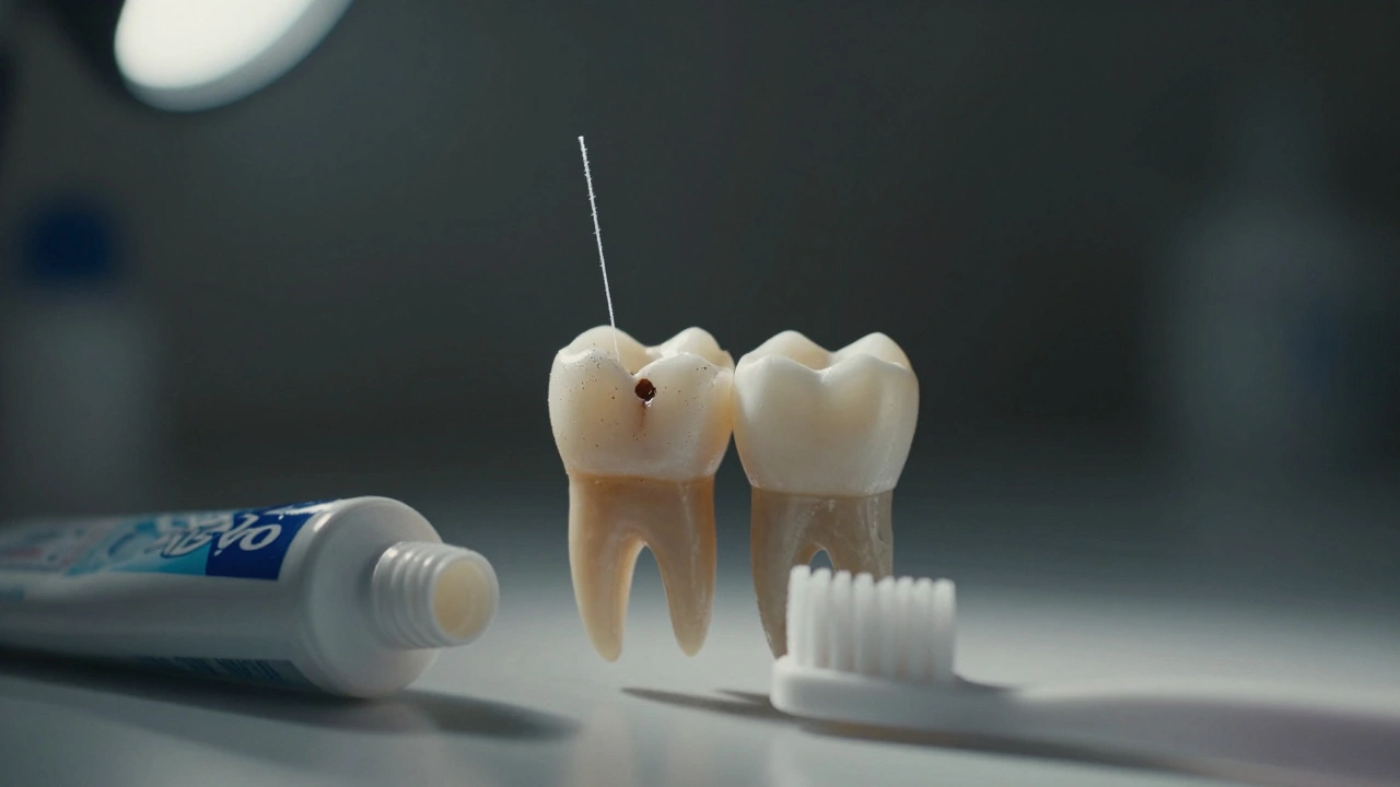 Zubní nit se přetrhává nad zubem s mikrodrážkou – varovný signál kazu.