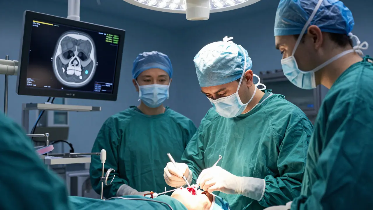 Chirurg provádí operaci čelisti v operačním sále s monitorováním 3D skenů.
