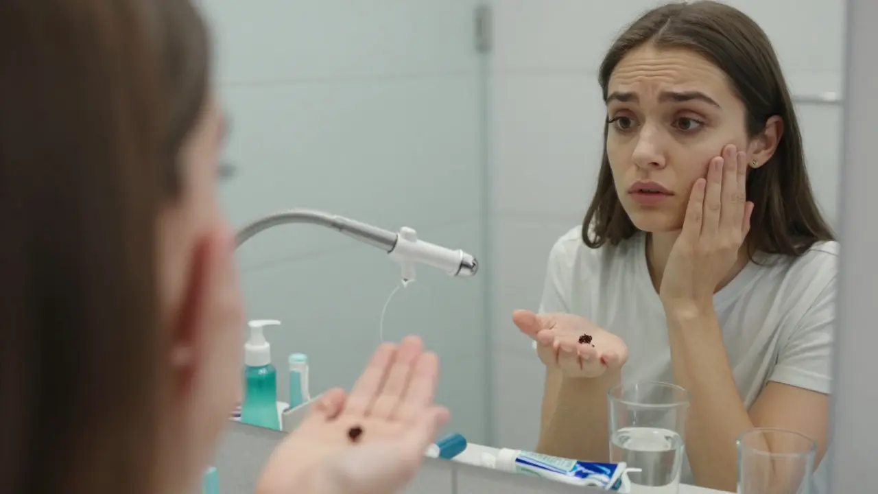 Člověk drží v ruce kousek materiálu, který mu spadl z zubu, zamyšleně se dívá do zrcadla.