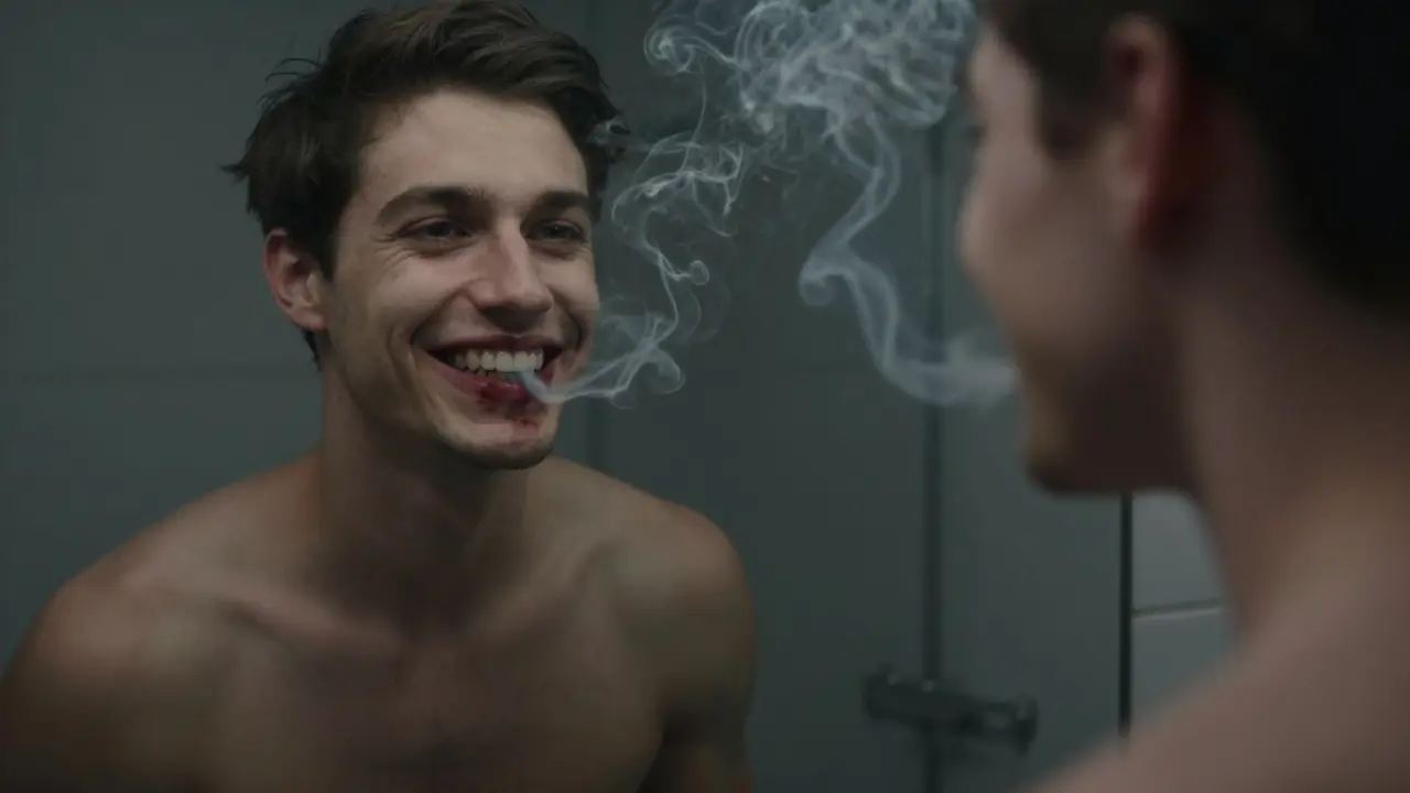 Člověk v zrcadle s čistým úsměvem, ale ve skutečnosti s černými skvrnami a infekčními stíny.