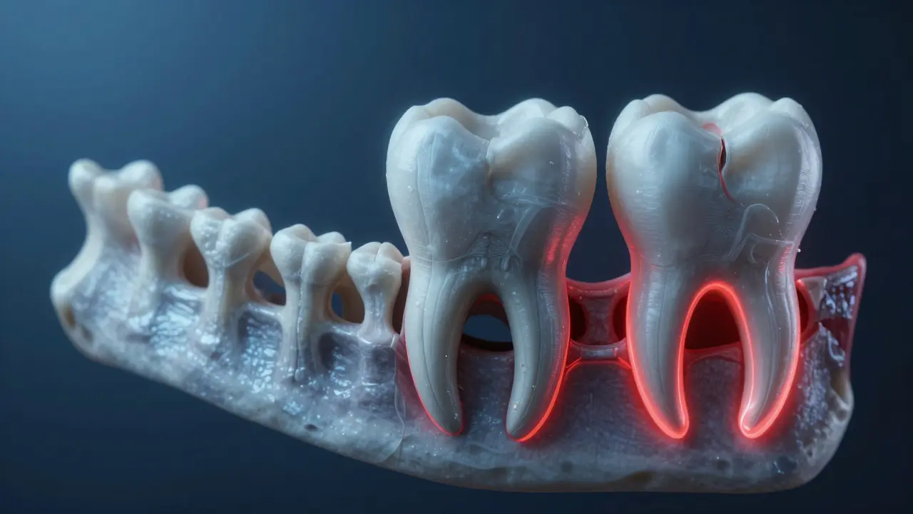 Cross-section of jawbone showing progressive bone loss after tooth loss over five years.