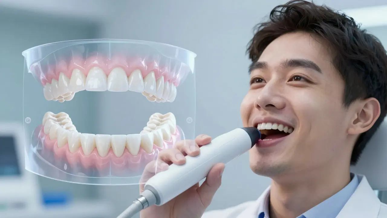 Dentista skenuje ústní dutinu 3D skenerem s přehledem struktury fazet