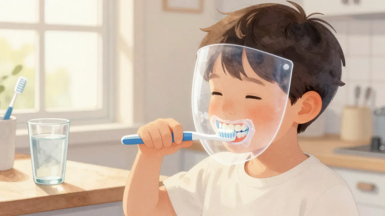 Dítě čistí zuby malou dávkou fluoridové pasty, zatímco kolem zubů vzniká průhledná ochranná vrstva.