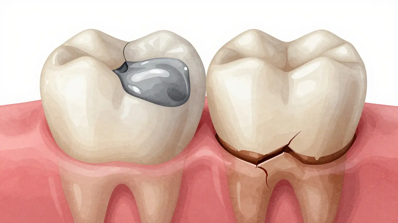 Hladká šedá plomba v zubu vedle hrubého hnědého zubního kamene.
