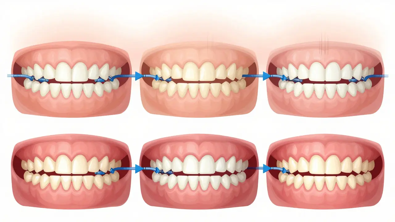 Ilustrace postupného vyrovnávání zubů pomocí snímacího rovnátka s rozšiřovacím šroubkem.