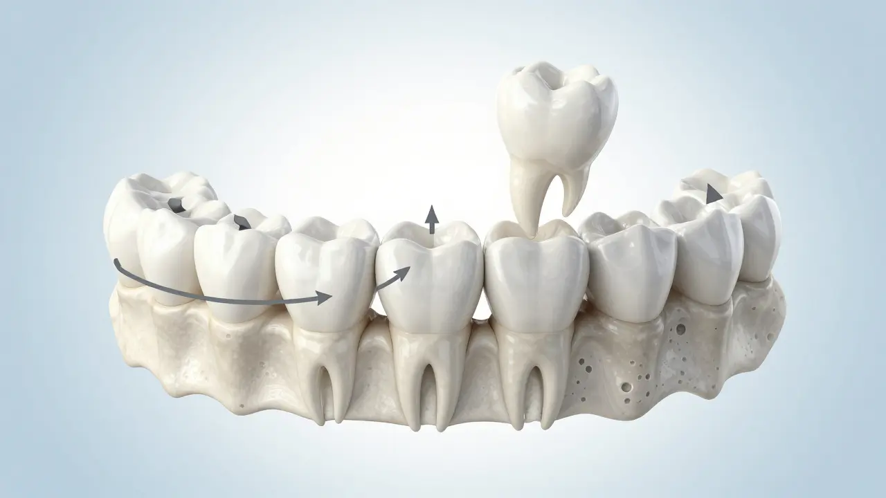 Jawbone with shifting teeth and receding bone due to a missing tooth over time.