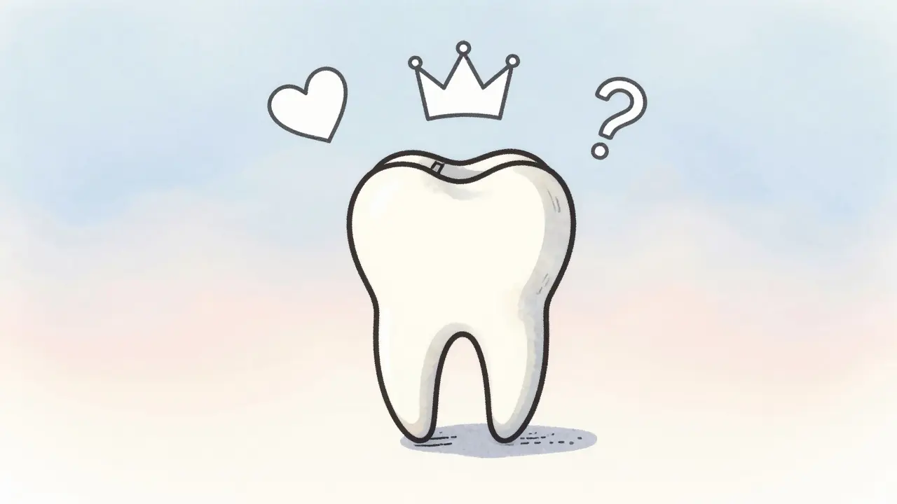 Jedna zubní špička s mezerou, plavající na pastelovém pozadí s symboly identity a volby.