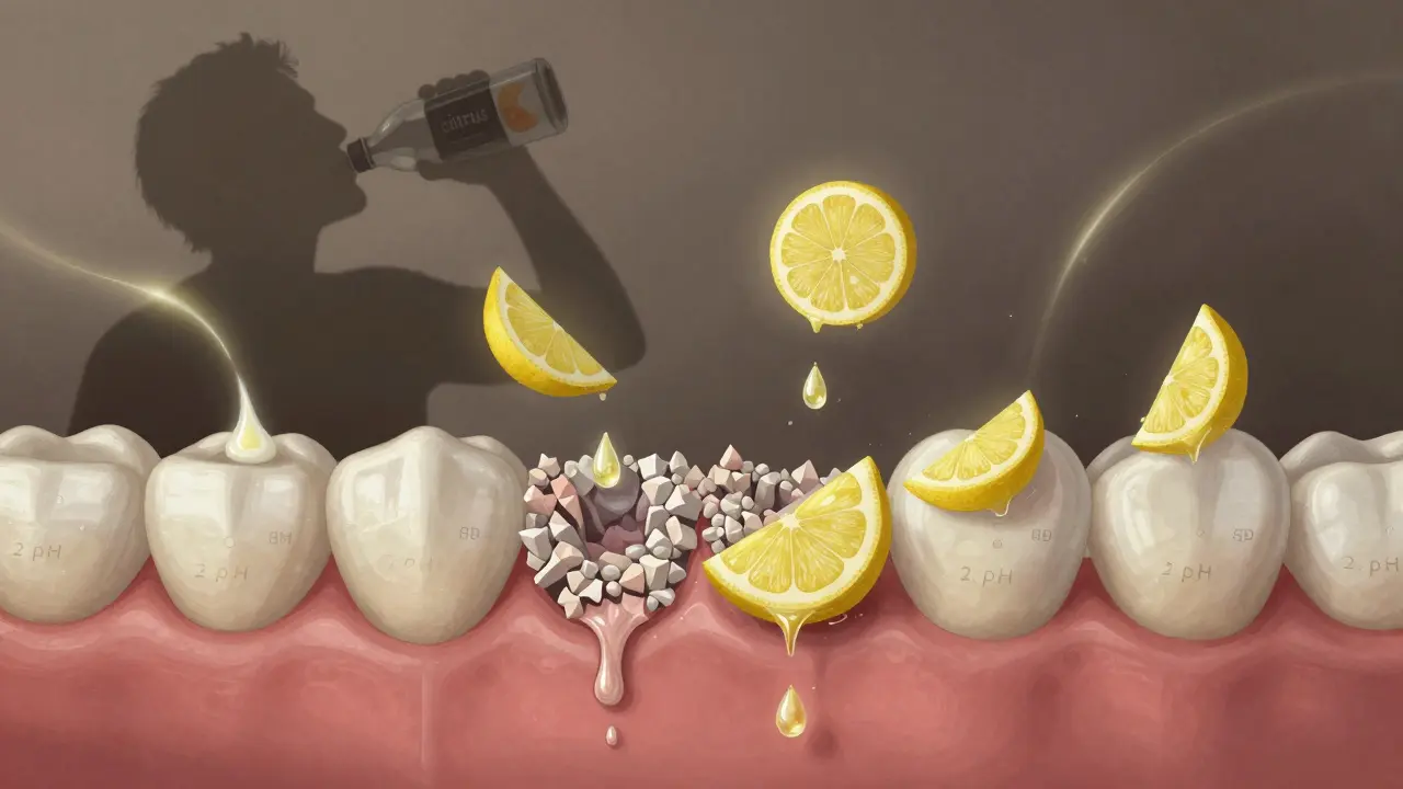 Kapky kyseliny rozkládají minerály v zubní sklovině, symbolizované citrony a energetickými nápoji.