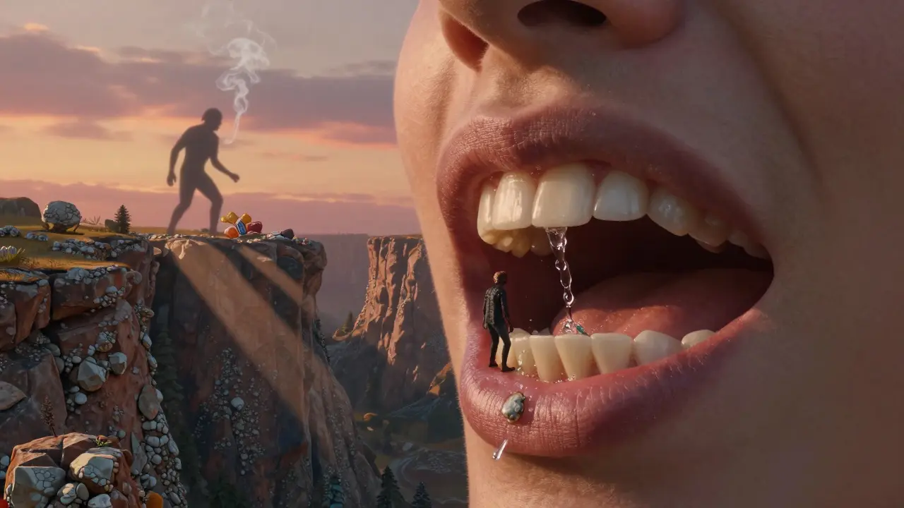 Koncepční scéna úst jako krajiny s kamenitými usazeninami a proudem slin.