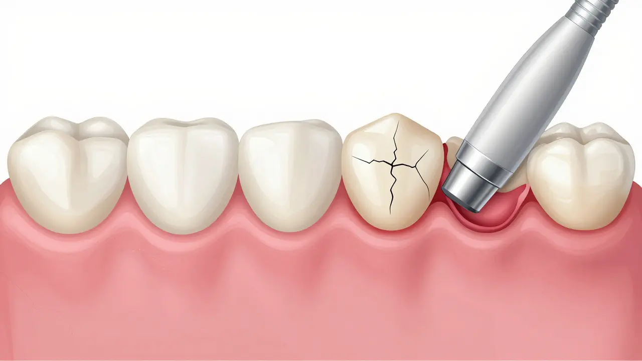 Konzepční obrázek zdravého a poškozeného zubu po nesprávném použití špachtle.