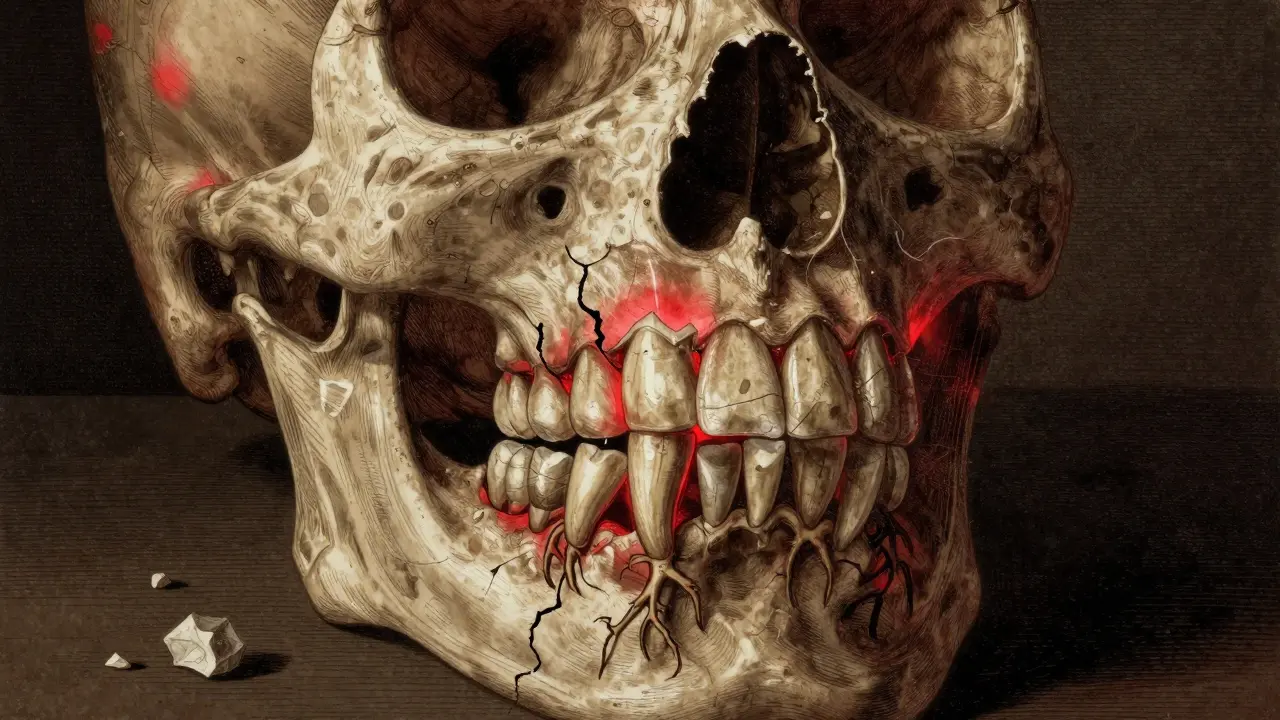 Kostěný kříž s vyrůstajícími zuby moudrosti, které tlačí proti čelisti.