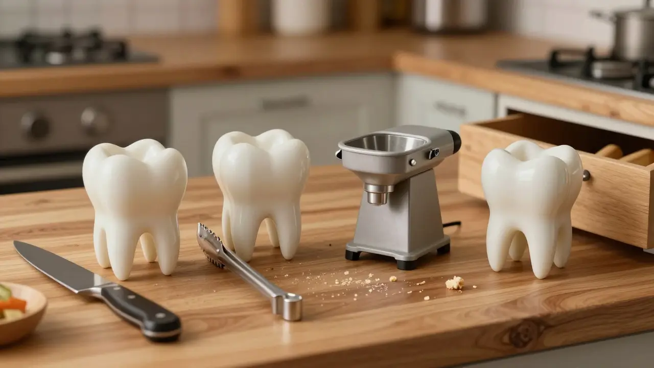 Kuchyňská metafora: zuby jako nástroje — nůž, kleště, mlýnek a záložní nástroj na dřevěné desce.