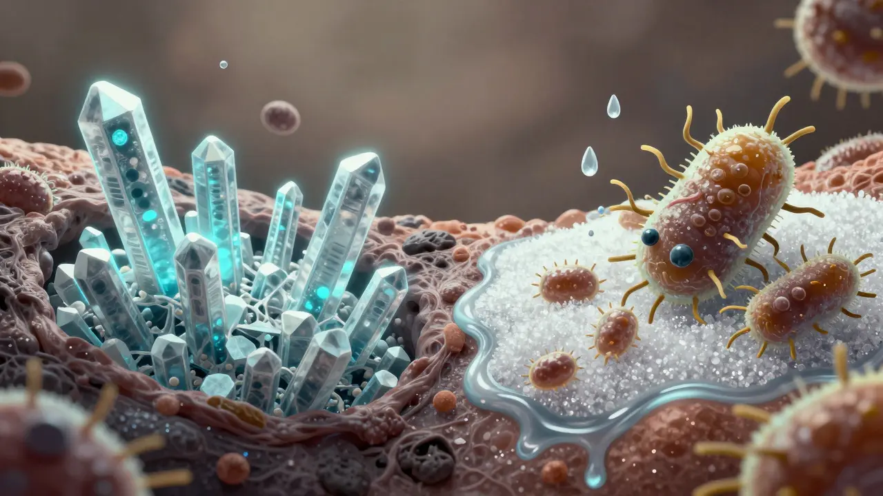 Mikroskopický pohled na obnovu zubní skloviny pomocí fluoridu a slin.