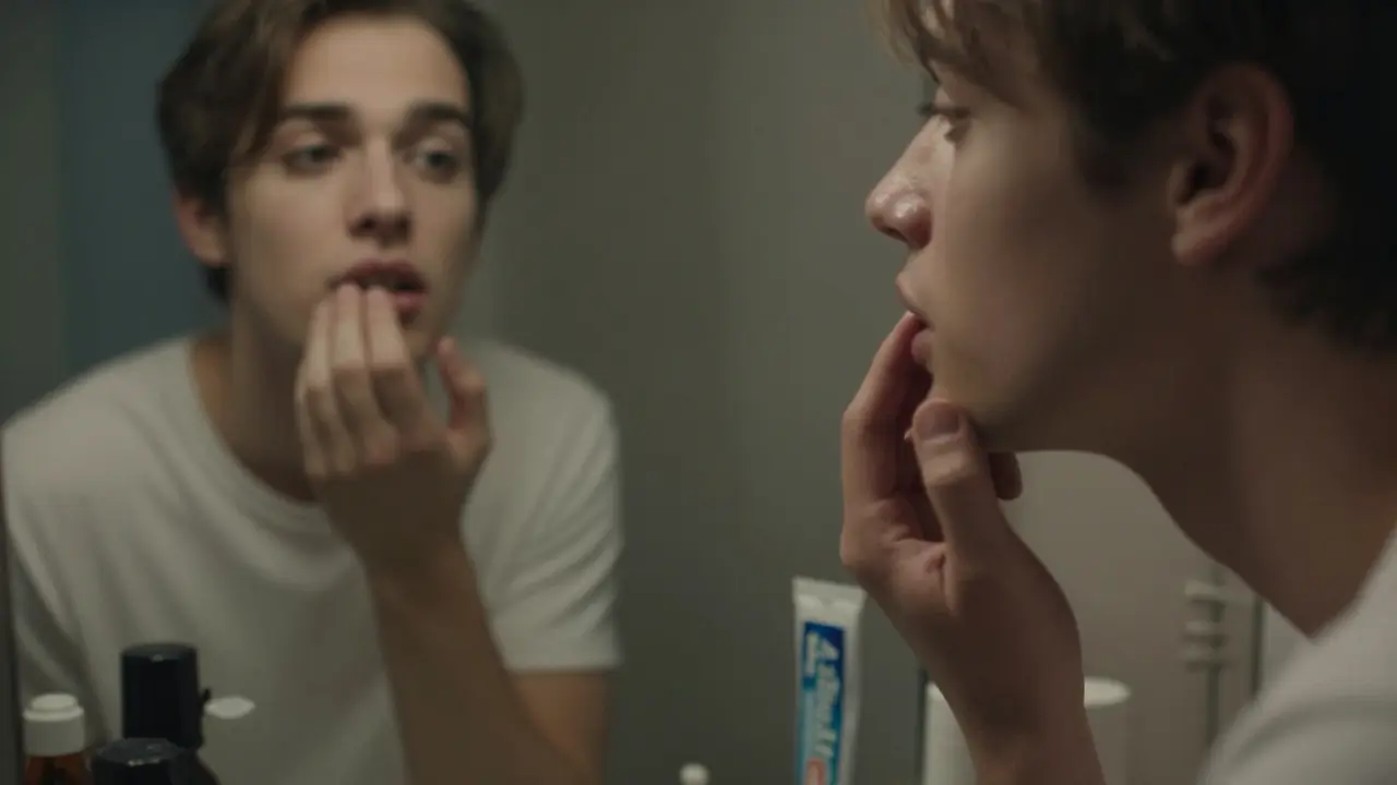 Osoba hledící do zrcadla a dotýkající se průhledných zubů s tichou úvahou.