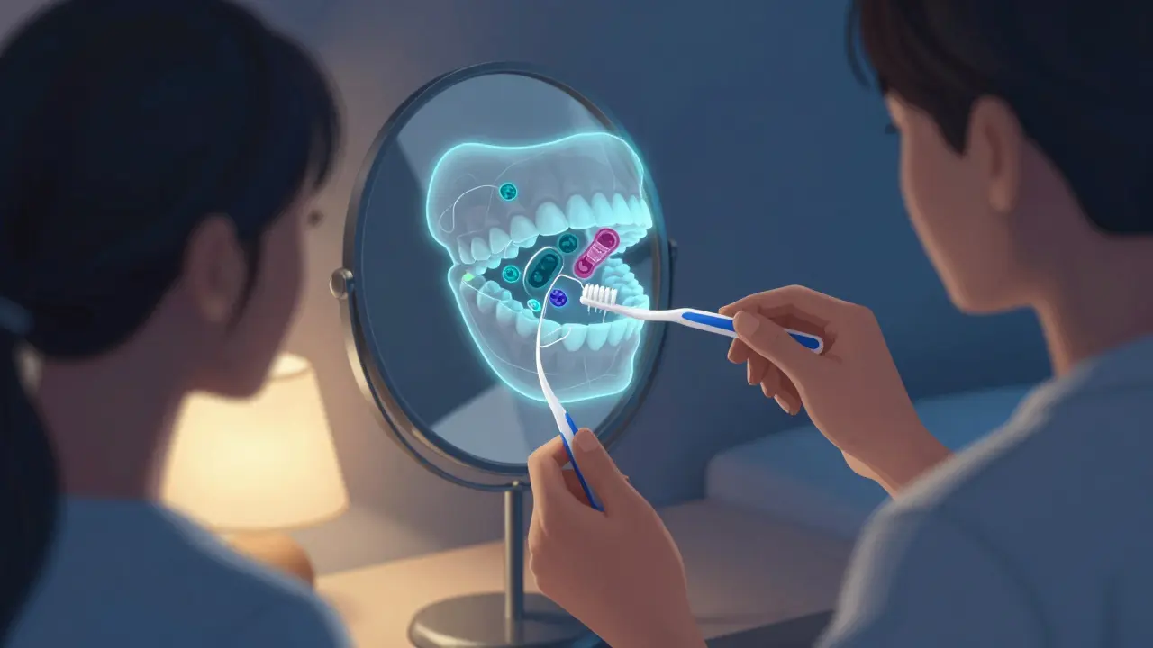 Pacient čistí mezery mezi zuby včerejší nití a mezizubním kartáčkem ve světle noční lampy.