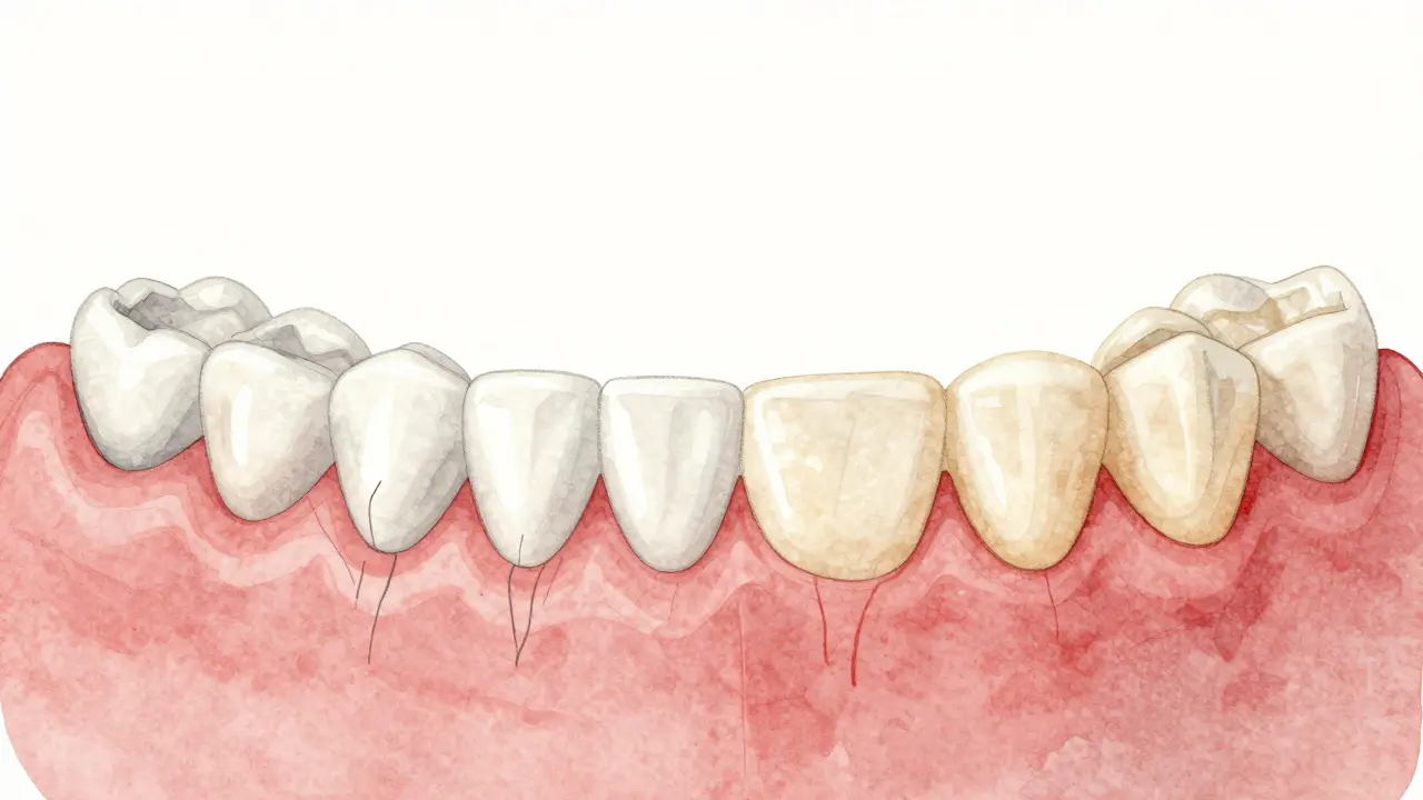 Porovnání mléčných a trvalých zubů s rozdíly ve velikosti a barvě.