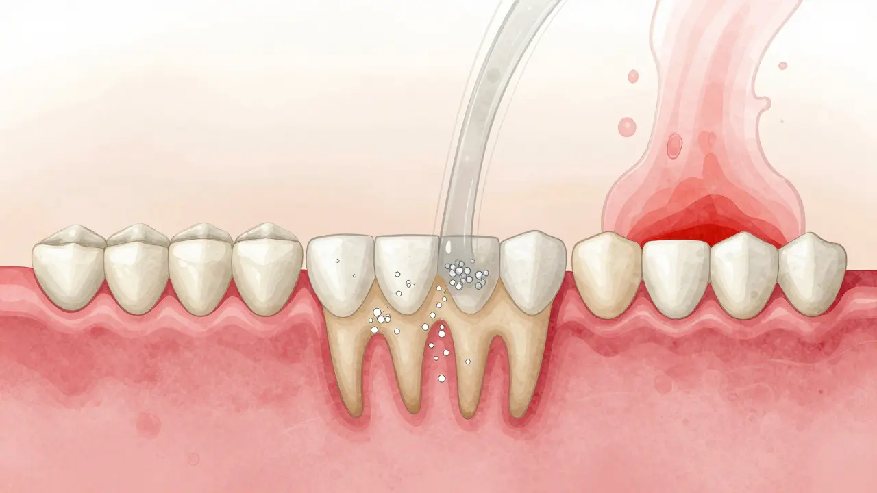 Postupný vývoj zubního plaku na kamenitý povlak s červenými dásněmi.