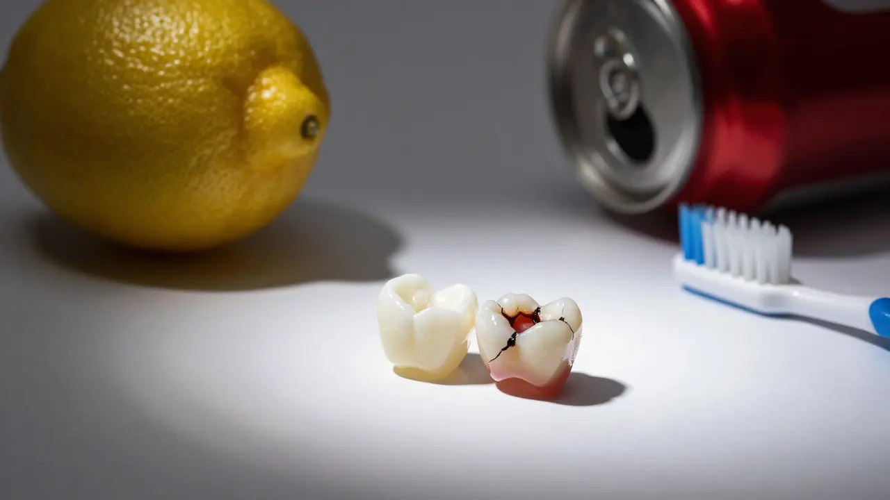 Přirozená plomba vedle poškozené s výraznými známkami kyselosti a znečištění.