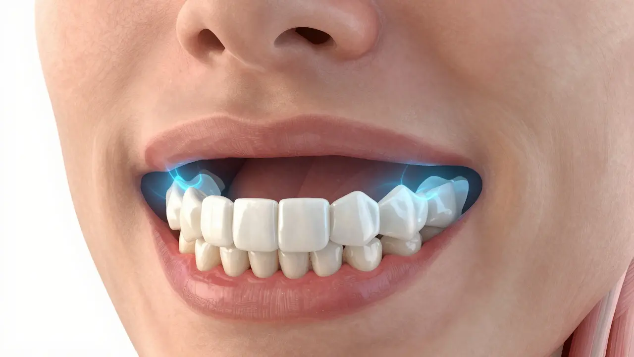 Průřez čelisti s rovnátky, která posouvají zuby a otevírají dýchací cestu, s anatomickými detaily.