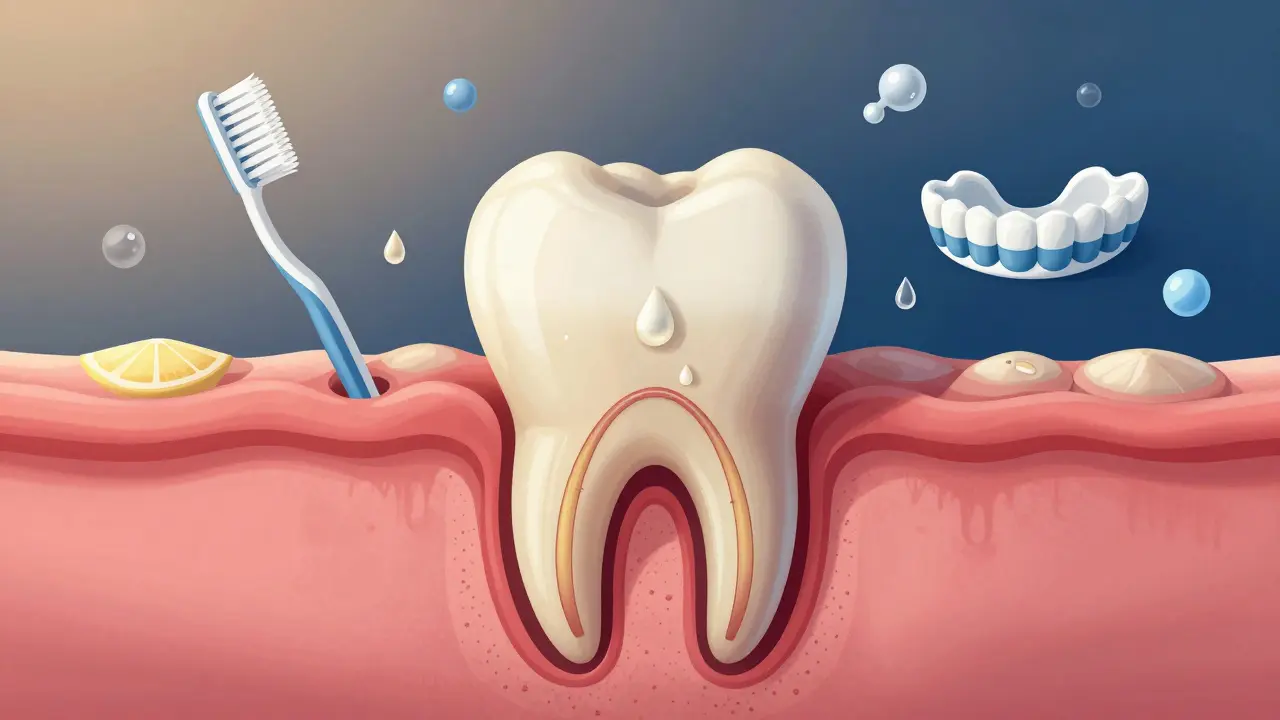 Průřez zubu s odstraněnou sklovinou a vystaveným dentinem pod vlivem kyseliny.