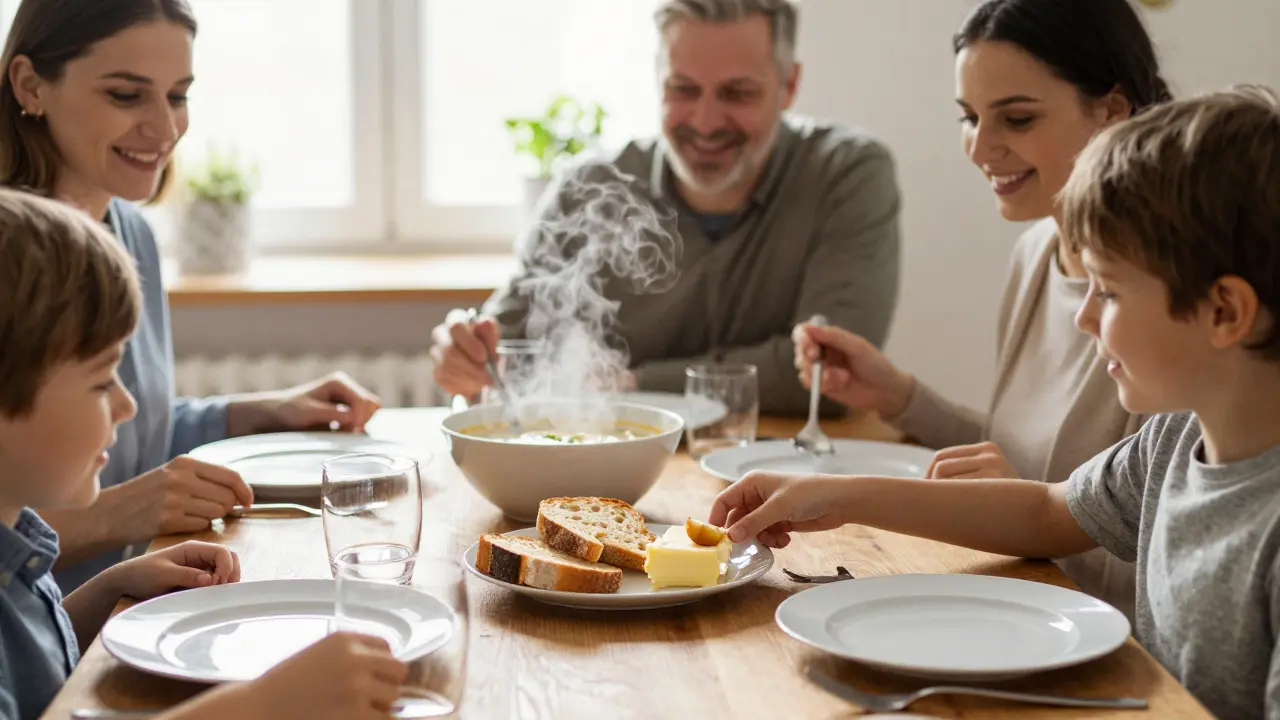 Rodina společně za stolem, dítě si bere první kousek chleba s máslem.