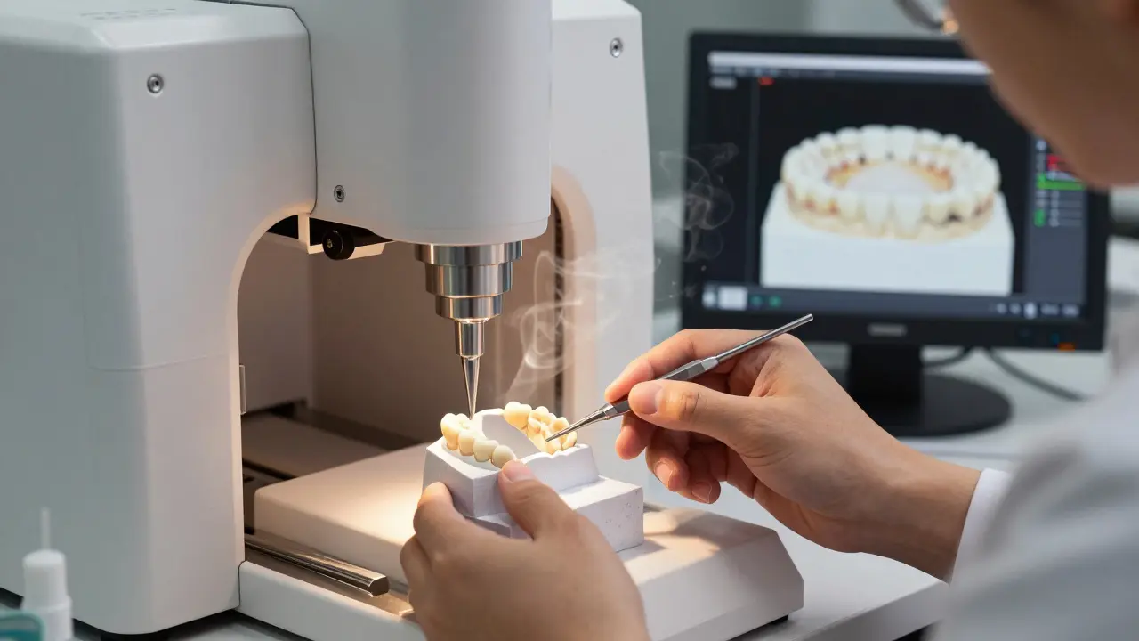 Technik v zubní laboratoři vyrábí keramickou korunku pomocí CAD/CAM systému.