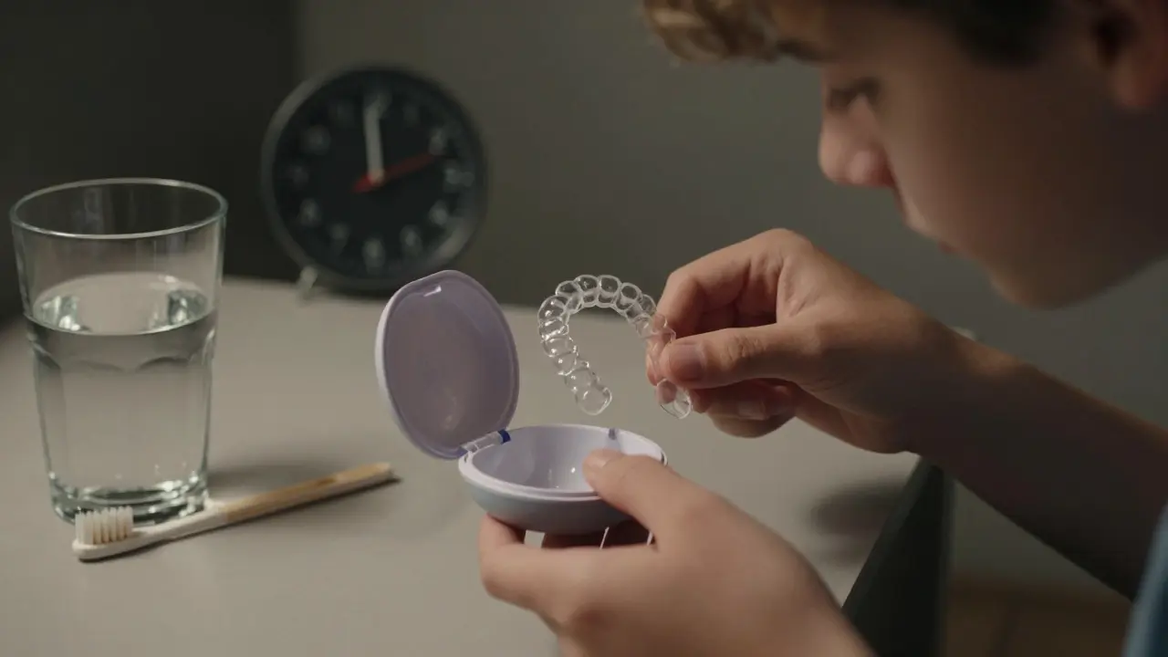 Teenager ukládá téměř neviditelné rovnátko do krabičky po jídle, vedle něj je kartáček a hodiny.