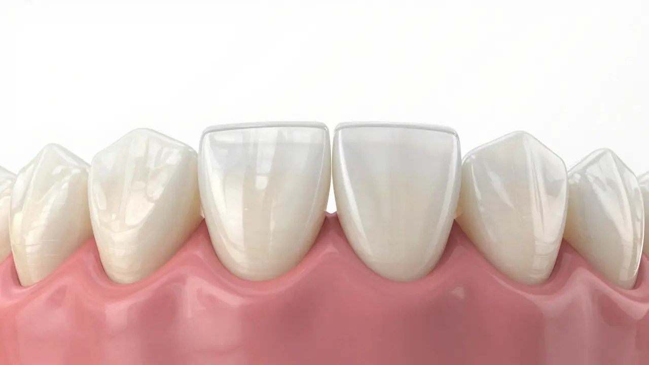 Tenká celokeramická fazeta přilepená k povrchu zubu s přirozeným leskem