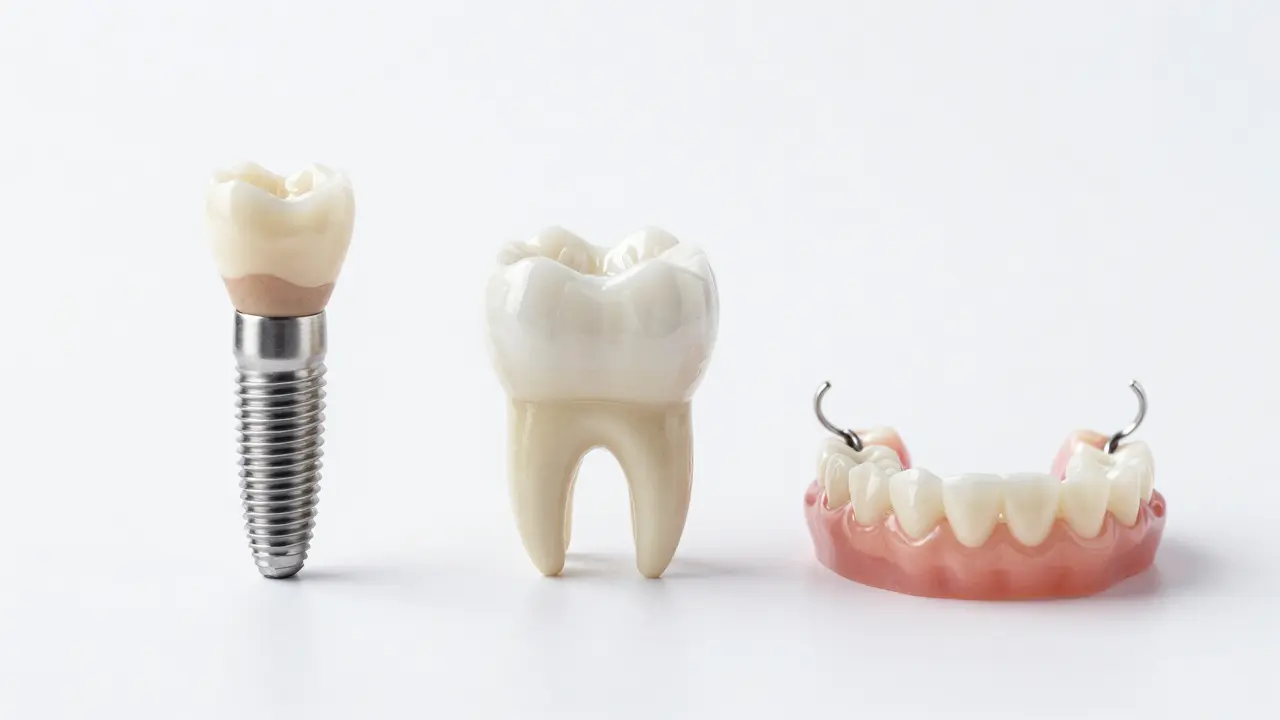 Three dental replacement options: implant, bridge, and removable denture side by side.