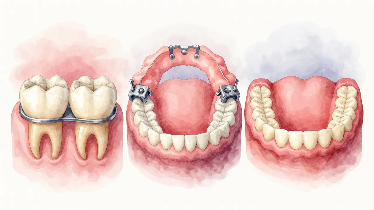 Three dental restoration options: bridge, partial denture, and full denture side by side.