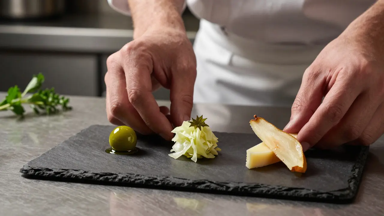 Tři miniaturní předkousy: kulička olivového oleje, křupavé zelí a sýr s hruškou.