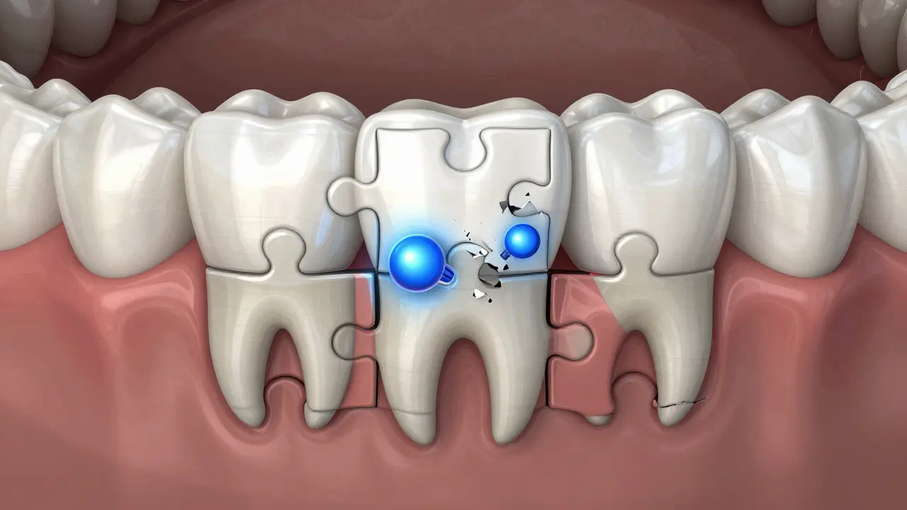Úsměv složený z kousků skládačky, kde fluorid posiluje jeden zub, zatímco ostatní se rozpadají.