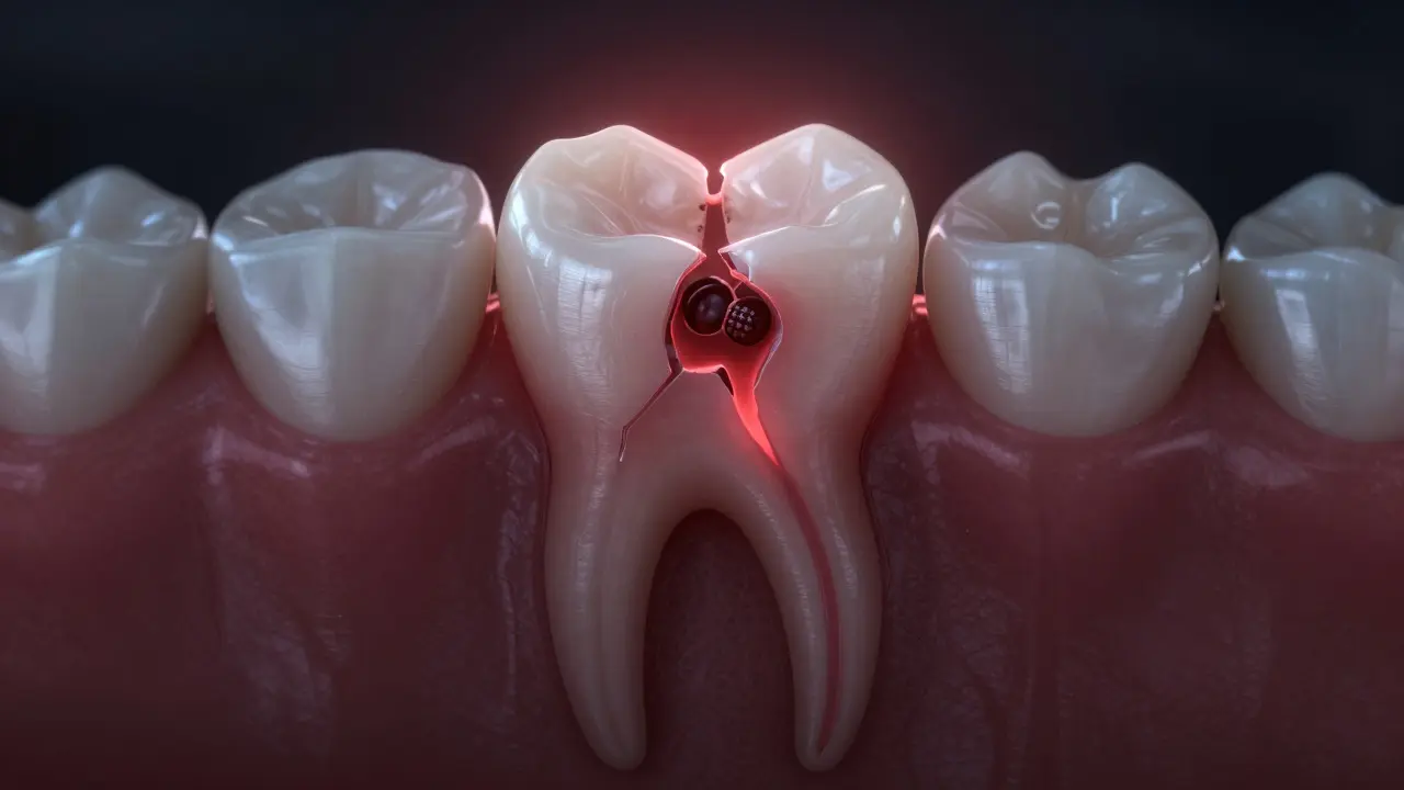 Uvolněná korunka s viditelnou infekcí šířící se do kořene, symbolicky znázorněná červeným zářením.