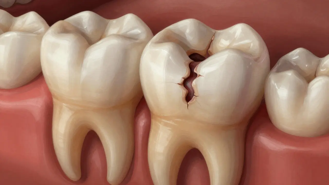 Velký molár s hlubokými drážkami plnými karies, skrytá dutina pod povrchem zubu.