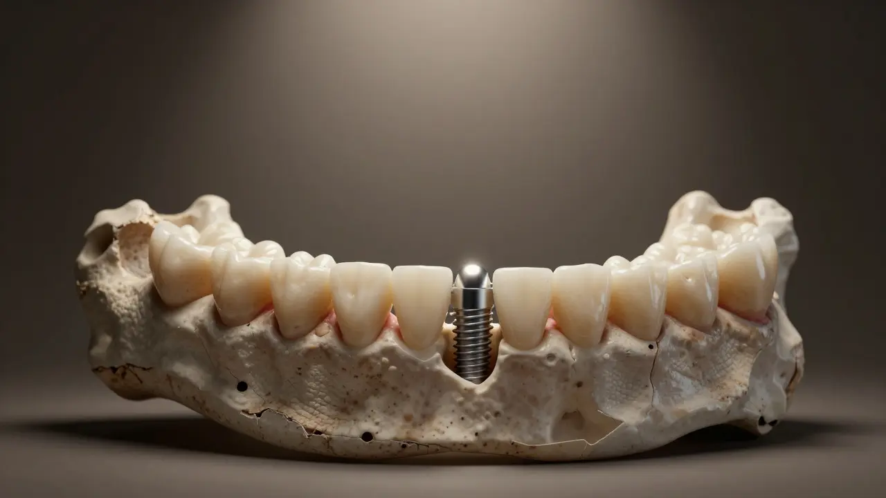 Zdravá kost kolem implantátu vs. ztráta kosti bez zubu v pozadí.