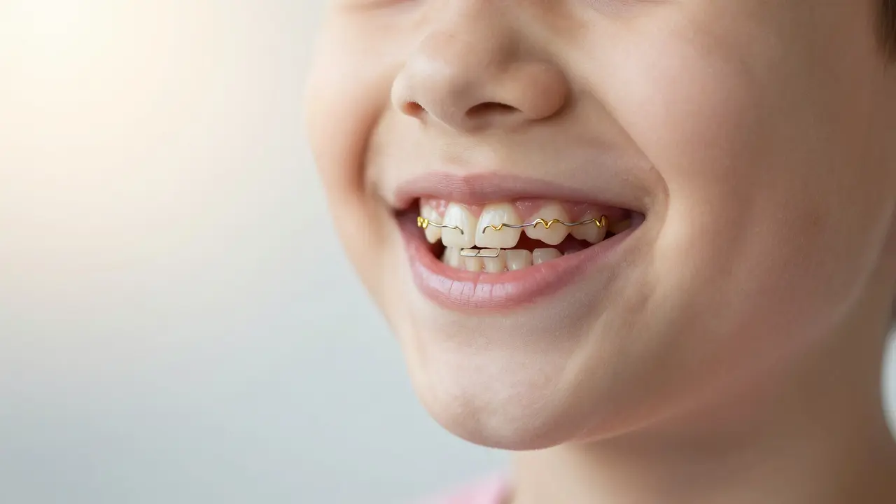 Zlatý prostorový uchovávač udržuje místo pro trvalý zub po dřívějším vypadnutí mléčného.