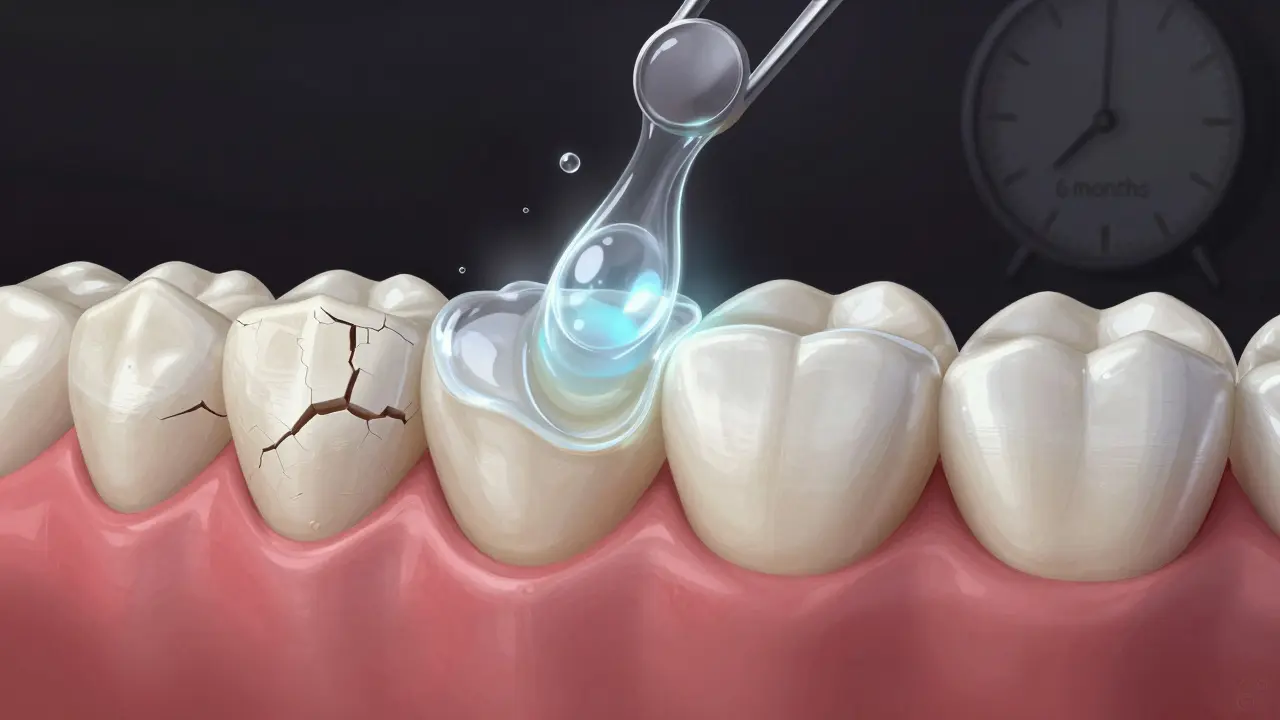 Zub se přeměňuje z poškozeného na zdravý pomocí fluoridu a minerálů