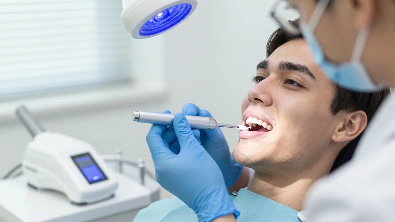 Zubní lékař aplikuje fluoridový lak na zuby pacienta v klinice.