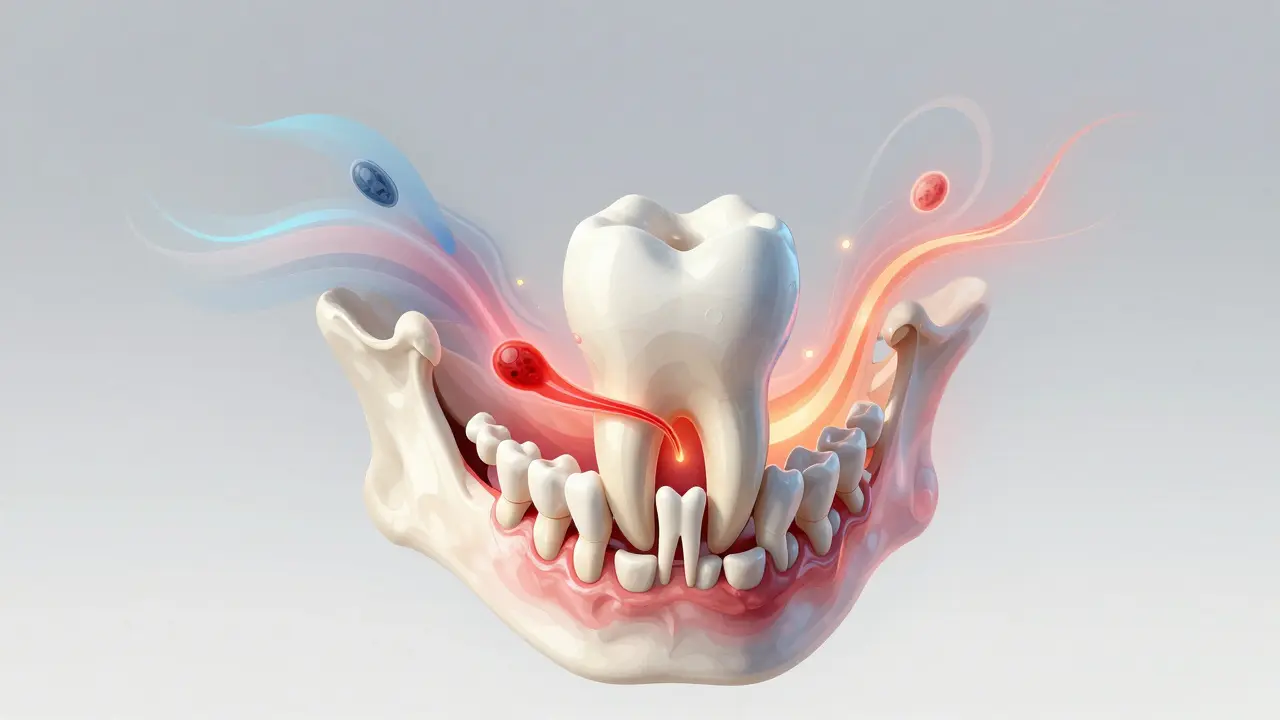 Abstraktní znázornění hojení dásně a odstranění zubu moudrosti s krevní sraženinou a zánětem.