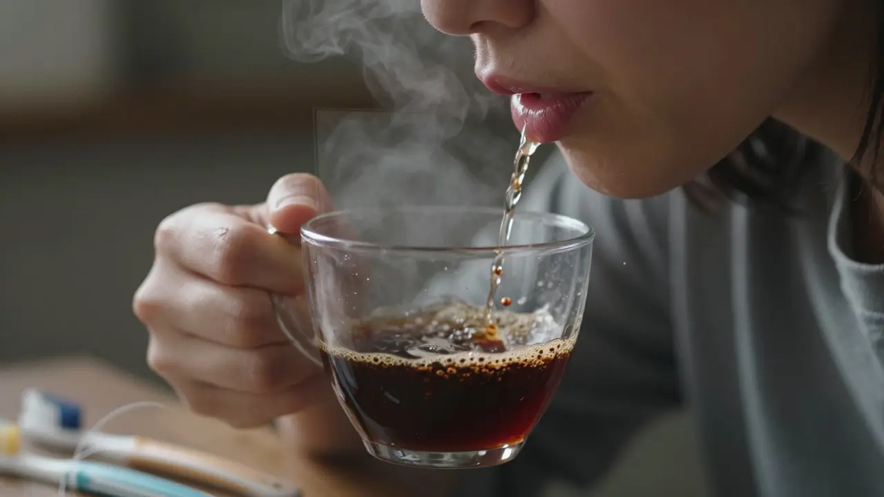 Člověk vyplachuje ústa vodou po pití kávy, aby předešel vzniku kamene.