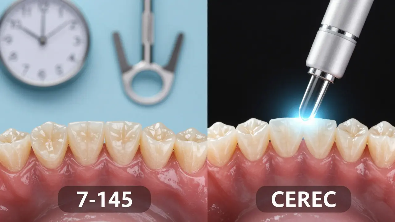 Comparison of traditional crown process with CEREC one-visit technology in a split image.