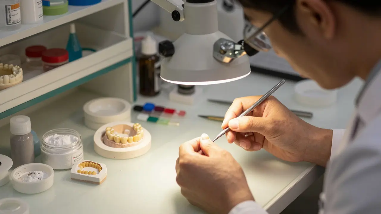Dental technician hand-crafting a ceramic crown in a laboratory with color shades and molds.