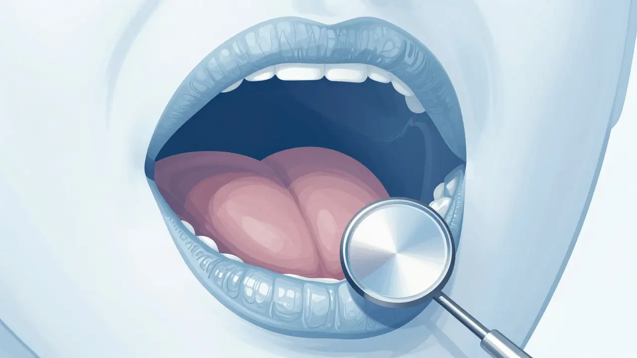 Dentální zrcátko odrazuje podjazykovou oblast v detailní ilustraci.